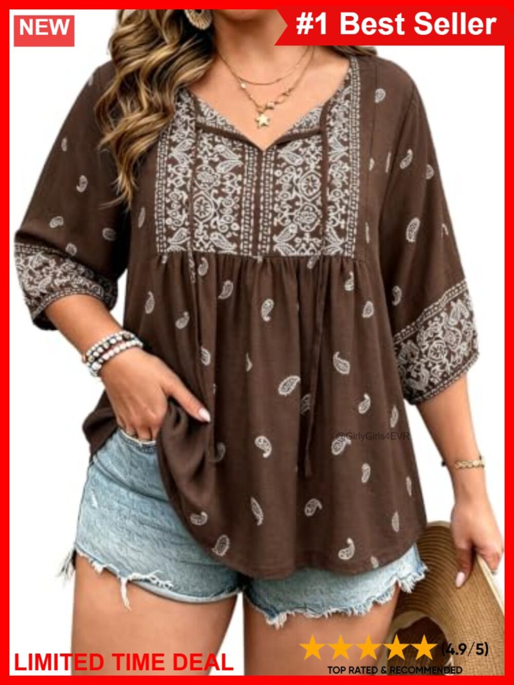Plus Size Boho Blouse 3/4 Puff Sleeve Tie-Front Pleated Top